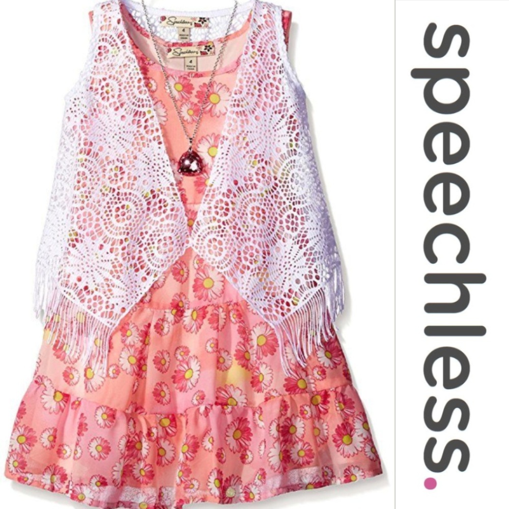 Speechless Coral Floral Tiered Dress Vest Necklace